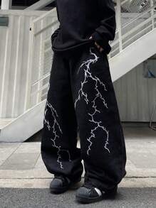 1 stuk heren losse pasvorm bliksem borduurwerk flared jeans, vintage Americana hiphop streetwear