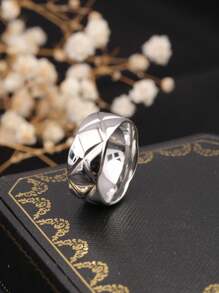 1 件钻石网格宽钛钢戒指，金色/银色，时尚个性化，适合女性，日常佩戴和派对礼物 - 菱格紋寬版戒指 - 查看 8