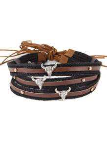 1 件波西米亚风格复古绳编织牛头项链、配套腰带和发带套装 - 棕色 - 查看 1