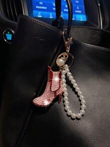 1pc Pearl Chain & Rhinestone Decor High Heel Car Keychain
