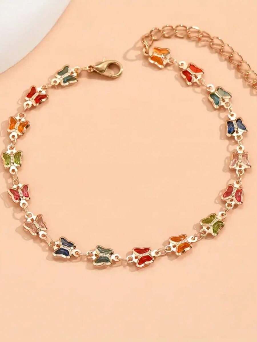 1pc Fashionable Casual Random Color Gemstone & Butterfly Beach Style Bracelet, Elegant Gift For Men & Women, Everyday Wear - Multicolor - View 1