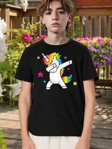 Kids Unicorn Dabbing T-Shirt - Rainbow Hair Stars Graphic Tee For Boys Girls - Cute Cotton Top For Birthday Party Casual Wear - Black Unicorn Tee For Teens Kids - Black - View 1
