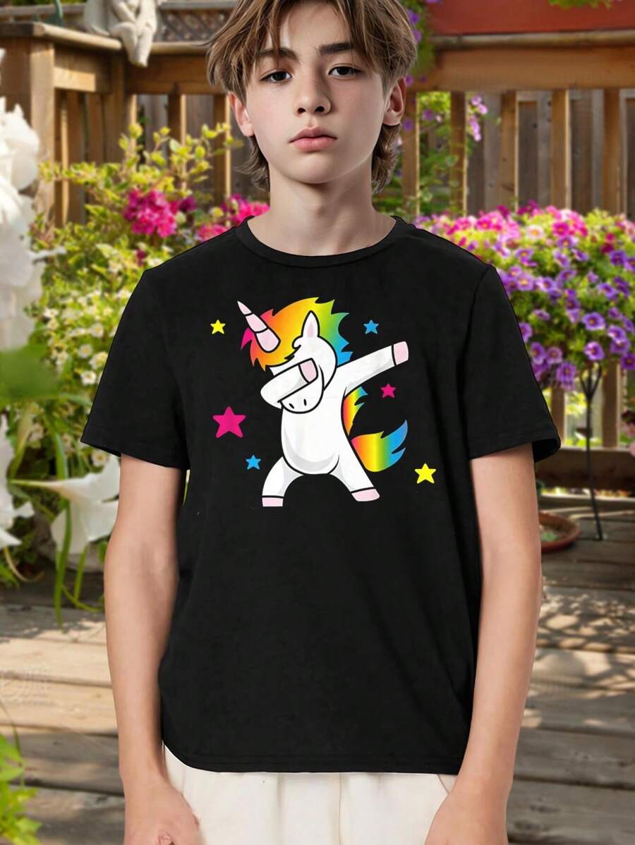 Kids Unicorn Dabbing T-Shirt - Rainbow Hair Stars Graphic Tee For Boys Girls - Cute Cotton Top For Birthday Party Casual Wear - Black Unicorn Tee For Teens Kids - Black - View 1