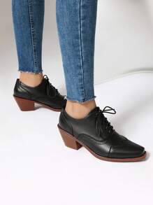 黑色高跟布洛克鞋系带西部牛仔风格女鞋 - 黑色 - 查看 4