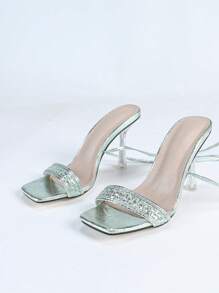 女士婚礼系带高跟鞋、女士编织材料细高跟鞋、女士透明坡跟凉鞋、女士加大码系带高跟鞋 - 淺藍色 - 查看 10