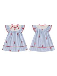 Baby Girls Striped Embroidery A-Line Dress - Sleeveless Crew Neck Party Dress For Summer - Blue - View 4