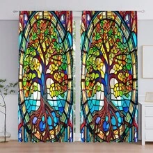 2 piezas de Cortinas semitransparentes de estilo gótico con diseño de árbol de la vida en vidrio decorativo de colores, tela de poliéster, adecuado para sala de estar, cocina, dormitorio, decoración del hogar