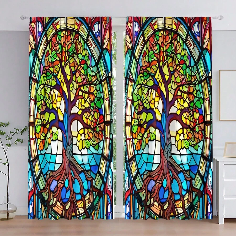2 piezas de Cortinas semitransparentes de estilo gótico con diseño de árbol de la vida en vidrio decorativo de colores, tela de poliéster, adecuado para sala de estar, cocina, dormitorio, decoración del hogar