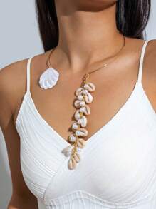 1pc Fashionable Boho Retro Style Resin Seashell & Faux Pearl Beaded Tassel Iron Choker Necklace, Suitable For Activities, Beach Party And Gifts (Seashells And Faux Pearls Vary In Size And Quantity) - Multicolor - View 9