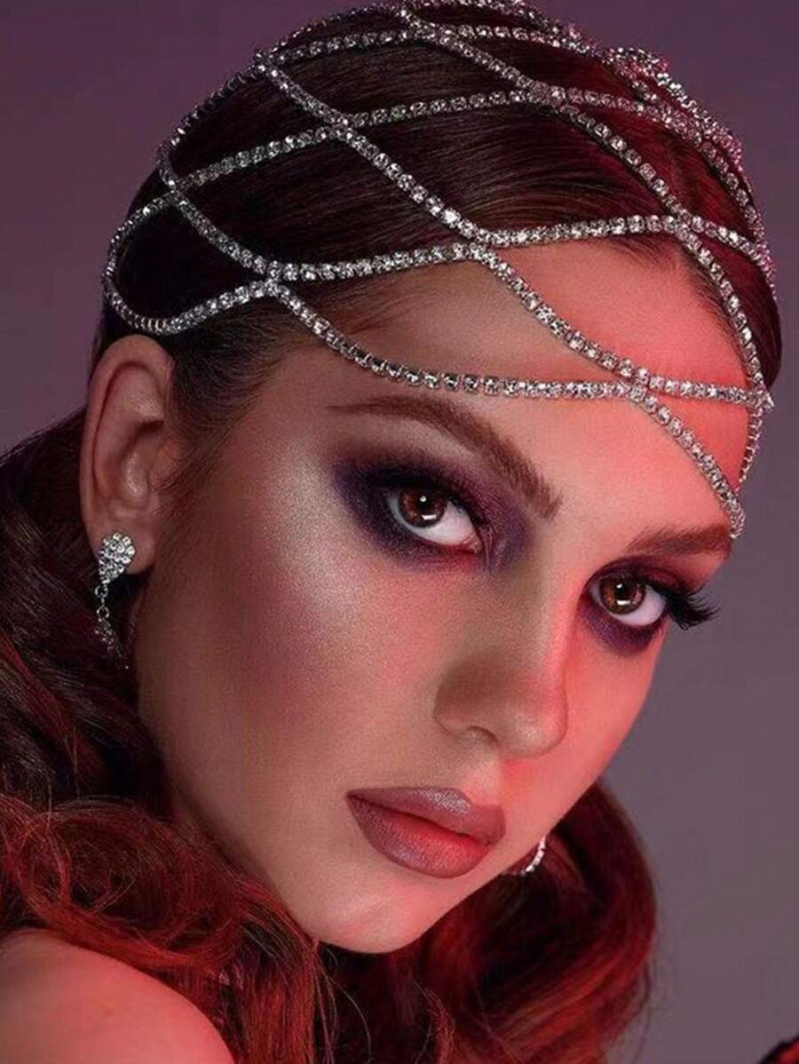 2025 Hollow Rhinestone Mesh Headpiece Wedding Head Chain Jewelry For Women Luxury Crystal Headband Head Cap Hat Hair Accessories - Silver - View 1