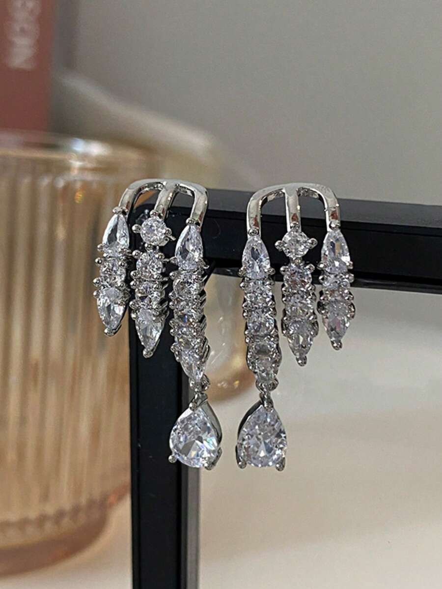 2 件优雅闪亮锆石缀饰泪珠流苏吊坠耳环，女士派对、约会配饰礼物，夏季
