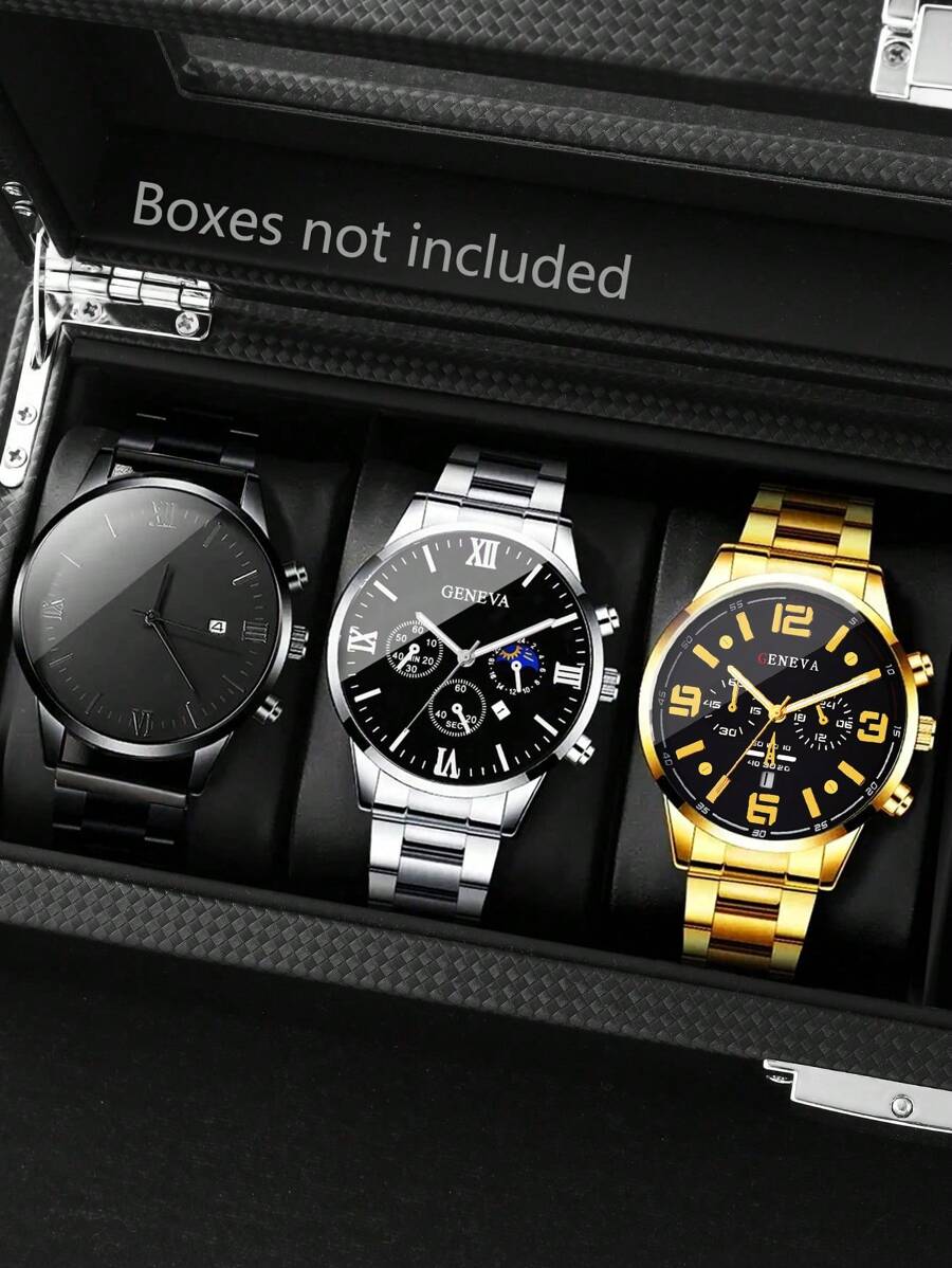 3 件男士休闲奢华商务石英表套装 - 时尚圆形表盘、日期功能、合金表壳和不锈钢表带 - 男士的完美节日礼物 - 彩色 - 查看 1