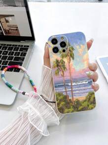 1 pieza Funda de teléfono antideslizante con pintura de olas de playa en TPU blanco y 1 pieza Correa de muñeca con cuentas de colores, compatible con iPhone/Fundas de teléfono a juego/Fundas de teléfono con cordón/Fundas de teléfono con pulsera/Fundas de teléfono divertidas/Fundas de teléfono Android///OPPO/Galaxy A51 4G/Galaxy A52/A52s 5G