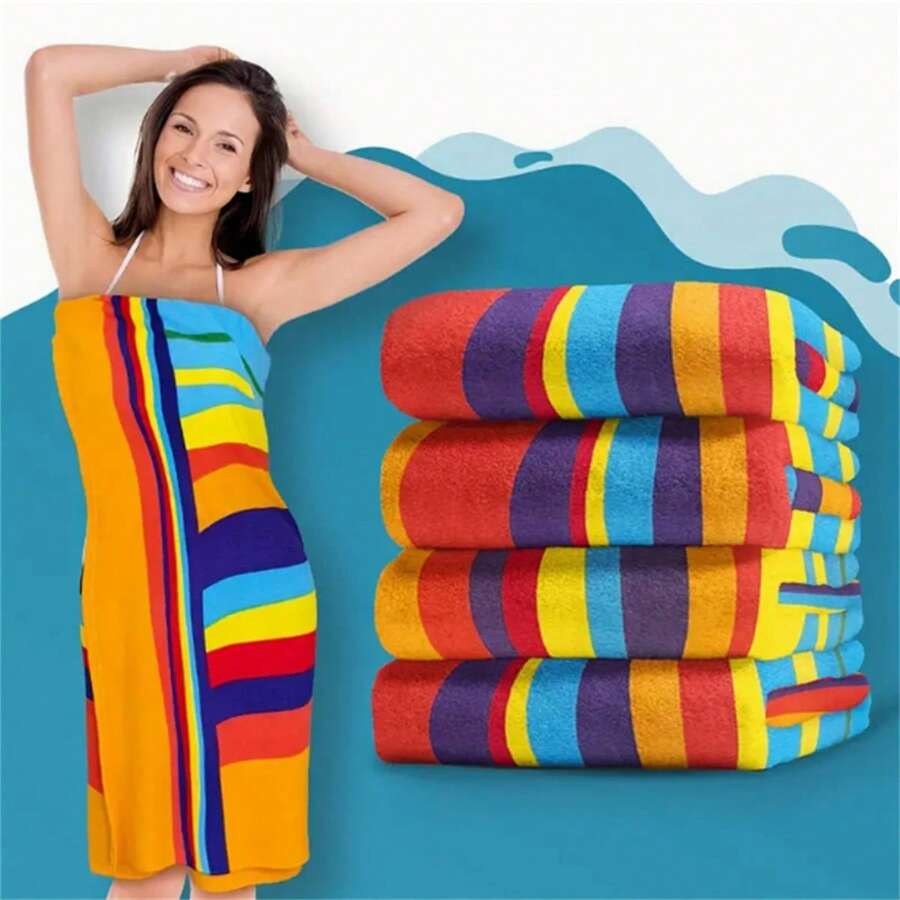 1pc High Quality Ultra Soft Microfiber Beach Towel, Super Absorbent Quick Dry Non-Stick Sand Shawl, Extra Large Size, Suitable For Travel, Yoga, Camping And Swimming - Rainbow Stripe Design, Family Set - Multicolor - View 1