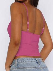 Women Solid Color Hollow Ruffle Fitted Sexy Camisole Top, Music Festival Y2K Style - Hot Pink - View 3