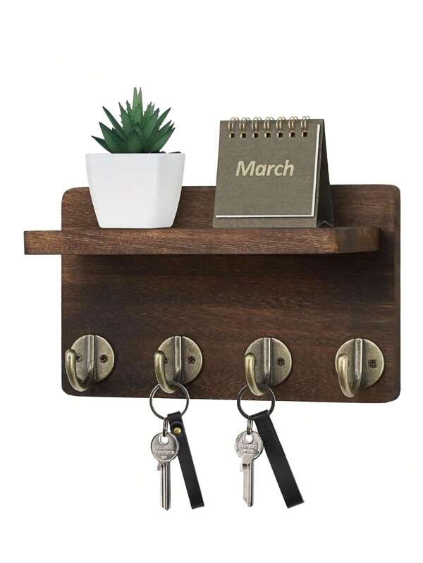 8,5 Zoll holz-wandmontierbarer schlüsselhalter organizer, 4-haken dekorativer wandregal für wohnzimmer, küche (braun)