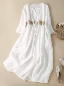 Váy midi thêu cổ điển, Váy đi làm hàng ngày thêu cổ tròn tay 3/4 phong cách Boho, Váy chữ A thêu thanh lịch cho nữ, Váy mùa hè đơn giản phong cách cổ điển cho nữ ngày lễ, Đồ trang trí thêu kỳ nghỉ Bohemian - trắng - Xem 1