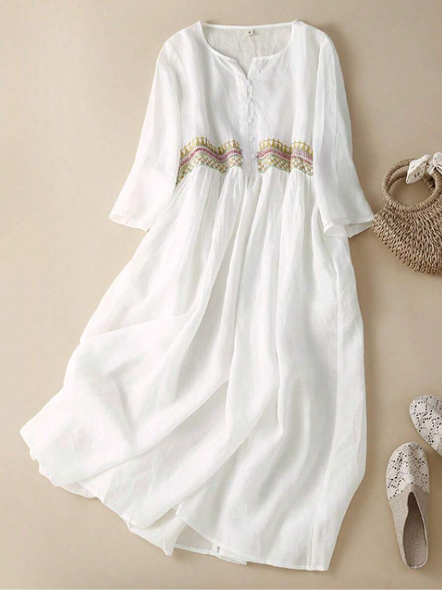 Váy midi thêu cổ điển, Váy đi làm hàng ngày thêu cổ tròn tay 3/4 phong cách Boho, Váy chữ A thêu thanh lịch cho nữ, Váy mùa hè đơn giản phong cách cổ điển cho nữ ngày lễ, Đồ trang trí thêu kỳ nghỉ Bohemian - trắng - Xem 1