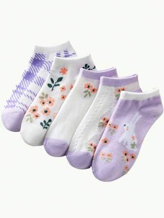 1/3/5/10 女士兔子图案女士夏季袜子隐形袜舒适百搭适合全年休闲、旅行、度假和聚会，重现舒适袜子