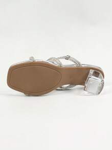 女士时尚银色水钻装饰方头水晶踝带粗跟凉鞋，魅力十足，适合夏季礼服派对、婚礼、正式场合、户外派对和海滩度假，用途广泛 - 銀色 - 查看 8