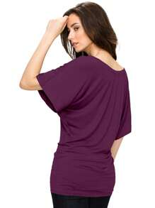 HIGHFINE Women's Boat Neck Short-Sleeved Bat Sleeve On The Band Side Draping - 暗紫色 - 查看 3