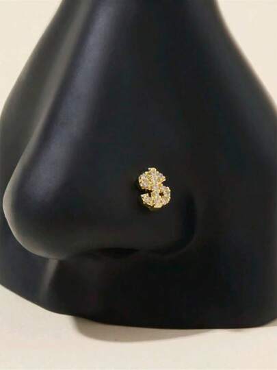1 pieza Pendiente de nariz en forma de L de moda con signo de dólar brillante de circonita cúbica, anillos de nariz para mujeres, joyería de perforación de nariz de 20 gauge, color plateado y dorado