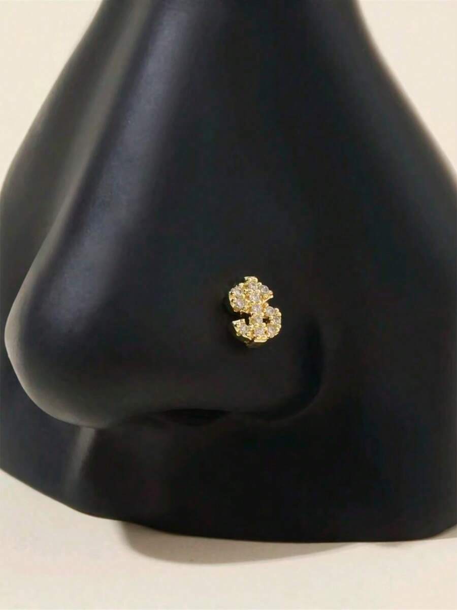 1件金色立方氧化锆S形/L形鼻钉，Y2K风格女性鼻部穿孔饰品 - 銀色 - 查看 1