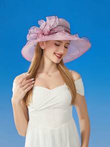 1 Stück Frauen Sommer Lässig Fischerhut, eleganter Garten Party Sonnenhut mit Organza Blumen Design, geeignet für Outdoor, Party, Lässig Tragen