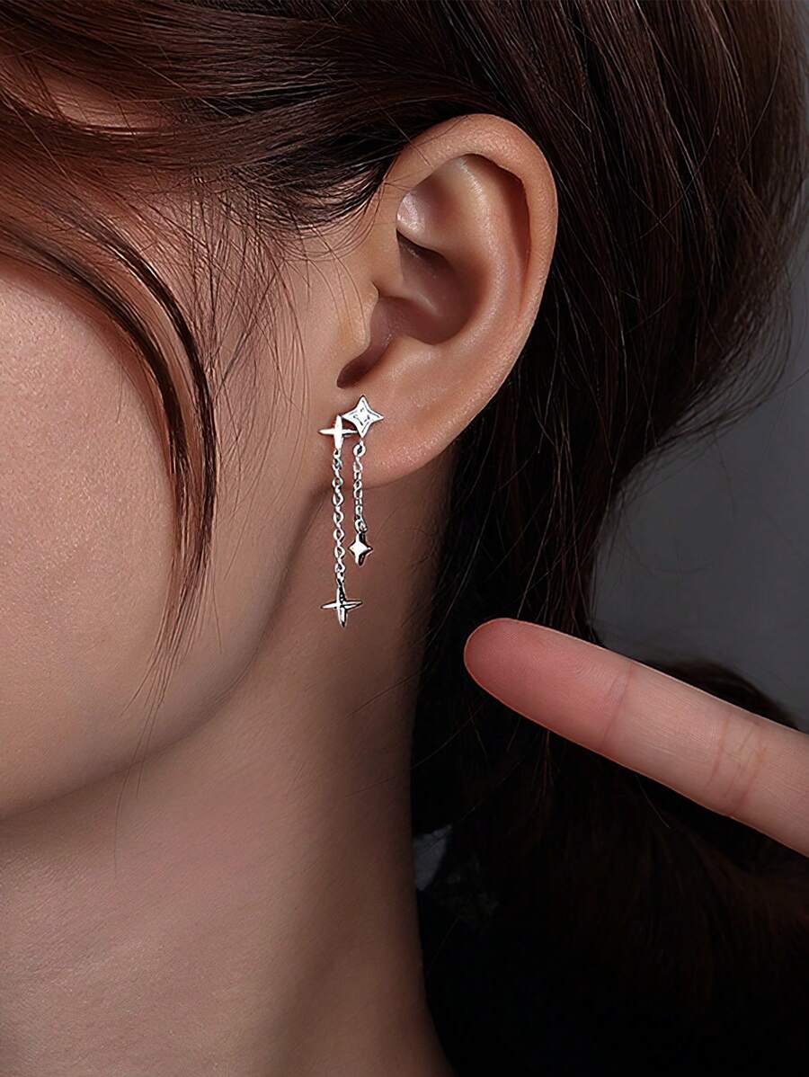1 Pair Minimalist Silver Sparkly Star Tassel Earrings, Fashionable Unique Design Women Gift Earrings