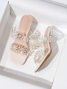 HanDuEke Dames hoge hak sandalen zachte transparante band slides, nieuwe zomer mid-hak kristal dikke hak elegante outdoor dragen sandalen