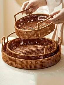 1 件/3 件仿藤编织托盘，野餐水果零食篮，双耳藤篮，木柄装饰柳条托盘，用于饼干茶零食水果便利，家居装饰，派对装饰，架子篮 - 彩色 - 查看 12