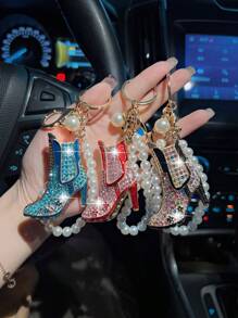 1pc Pearl Chain & Rhinestone Decor High Heel Car Keychain