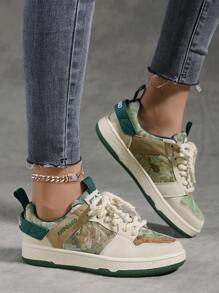 女士复古油画风格系带圆头休闲运动鞋，舒适街头生活方式情侣户外运动鞋 - 米色 - 查看 3