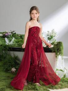 Tween Girls' Sparkly Strapless Jumpsuit With Mesh Overlay At Waist - Red - View 6