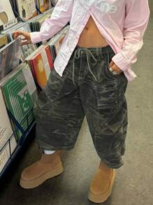 Retro Camouflage Workwear Wide Leg Jeans For Men And Women, Casual Three-Dimensional Large Pocket Seven Quarter Straight Leg Pants - Multicolor - View 3