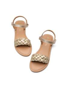 Girls Sandals Classic Open Toe Braided Flat Sandals Summer Dress Shoes - Gold - View 9