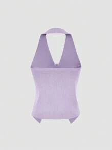 FOR BEAUTY Purple Spaghetti Strap Backless Knit Camisole, Sexy Casual Elegant, Suitable For Music Festivals, Holidays And Various Occasions, Thin Fashionable Pullover Sweater, Essential Item For Vacation, Suitable For Beach, Sand, Swimming - Snow Purple - View 5