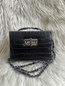 Women's Crocodile Shoulder Bag With Crossbody Strap And Swivel Closure - Hitam - View 2