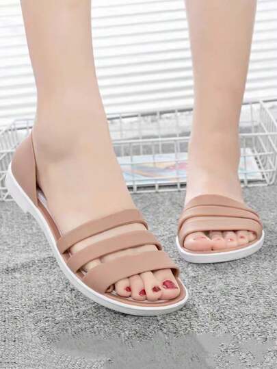 Women's Hollow Out Design Wooden Clogs, Breathable Casual Slip-On Flat Sandals, Summer Jelly Flat Sandals, Women's Soft Bottom Anti-Slip Beach Shoes, Women's Casual Fashion Plastic Open Toe Sandals