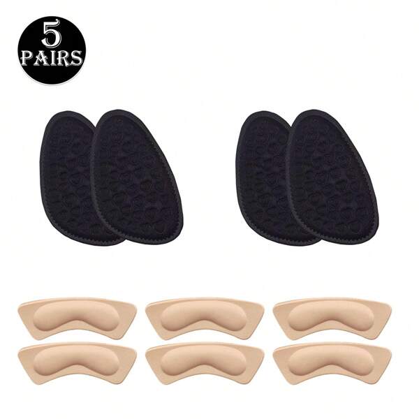 5 Pairs: 2 Pairs Black Forefoot Pads, 3 Pairs Apricot Heel Grips, Ultra Soft Sponge, Anti-Friction, Invisible Heel Pads For High Heels
