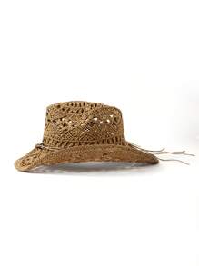 1pc Shell Decor Bohemian Style Beaded UV-Protection Straw Panama Hat, Handmade Versatile Beach Hat, Suitable For All Seasons - White - View 9