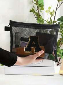 Black Mesh Bag, Large Capacity With Name Initials, Towel Embroidered Letters A-Z, Transparent Mesh Cosmetic Storage Bag, Multi-Functional Travel Portable Bag, Lipstick Skincare Product Storage Washing And Makeup Bag, Student Stationery Bag, Mesh Zipper Bag, Travel Cosmetic Packaging Storage Bag, Simple And High-End, Accessory Storage, Suitable For Dormitory Storage, Travel, Business Trip, Swimming, Home Storage Make Up Bag - Black - View 3