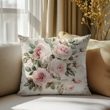 1 pieza Funda de cojín decorativo grande con estampado de rosa rosa, material de terciopelo durazno, impresión de un solo lado, 45*45cm, adecuado para sala de estar, dormitorio, sofá, uso en el hogar, regalo