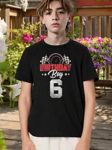 Boy's Racing Theme T-Shirt - Sixth Birthday Gift For Car Lovers - Checkered Flag Tee - Kids Birthday Outfit - Youth Short Sleeve Shirt (8-10) - Black - View 1