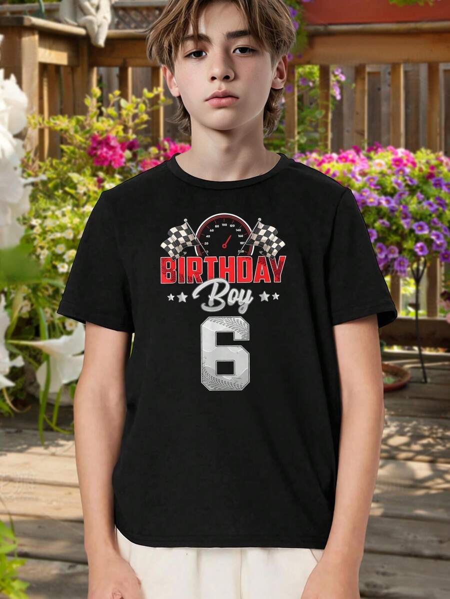 Boy's Racing Theme T-Shirt - Sixth Birthday Gift For Car Lovers - Checkered Flag Tee - Kids Birthday Outfit - Youth Short Sleeve Shirt (8-10) - Black - View 1
