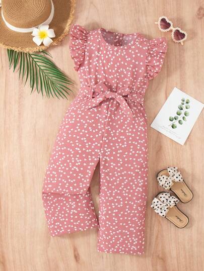 Moderiktigt hjärtmönster, ärmlös jumpsuit med volangkant och bälte för unga flickor, alla hjärtans dag