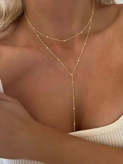 1 件 18K 镀金不锈钢圆球吊坠长项链，个性化设计，时尚简约，适合晚会、约会、节日礼物（珠子尺寸可能因手工切割而有所不同）