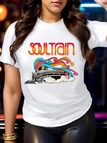 [Popular Choice] Women's Plus Size T-Shirt With Soul Train Graphic, Round Neck, Short Sleeve, Stretch Knit Polyester Blend Fabric - Machine Washable