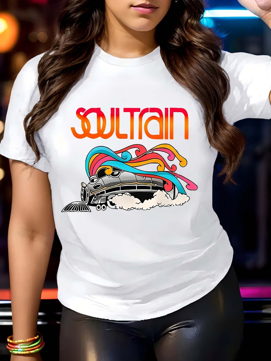 [Popular Choice] Women's Plus Size T-Shirt With Soul Train Graphic, Round Neck, Short Sleeve, Stretch Knit Polyester Blend Fabric - Machine Washable