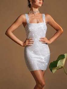 女士闪亮性感细肩带迷你裙，水钻装饰紧身鸡尾酒会礼服，适合派对和活动